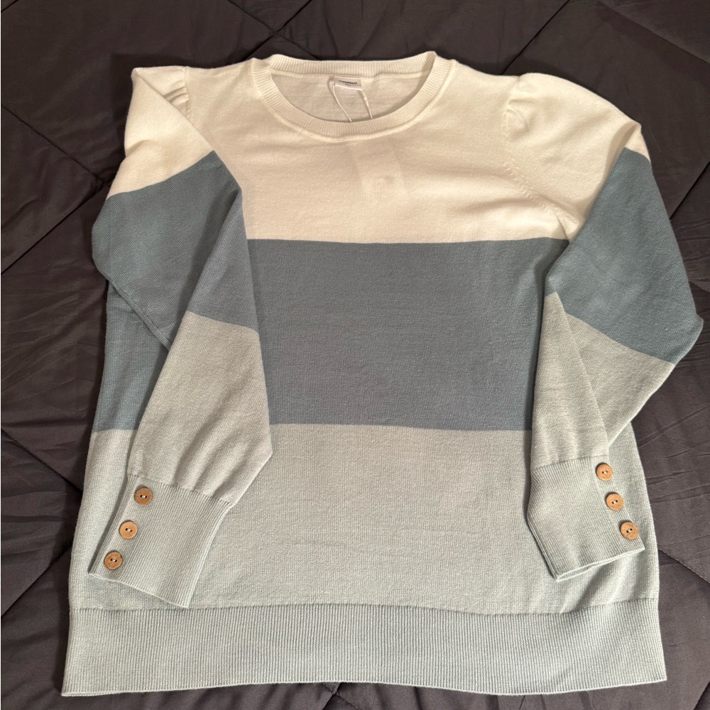 Light Blue and White Woman's Color Block Lightweight Sweater